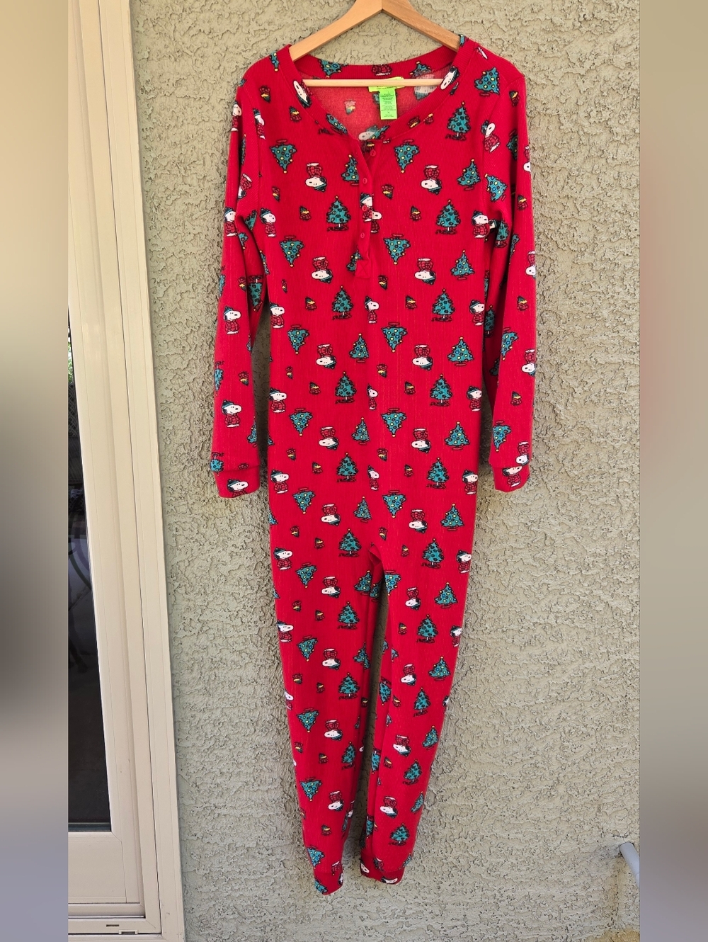 Peanuts Snoopy Red Holiday One-Piece Pajamas with Tree & Snowman Print